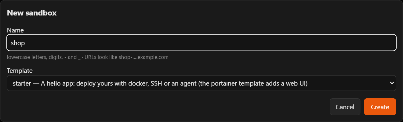 The New sandbox window: a name and a template