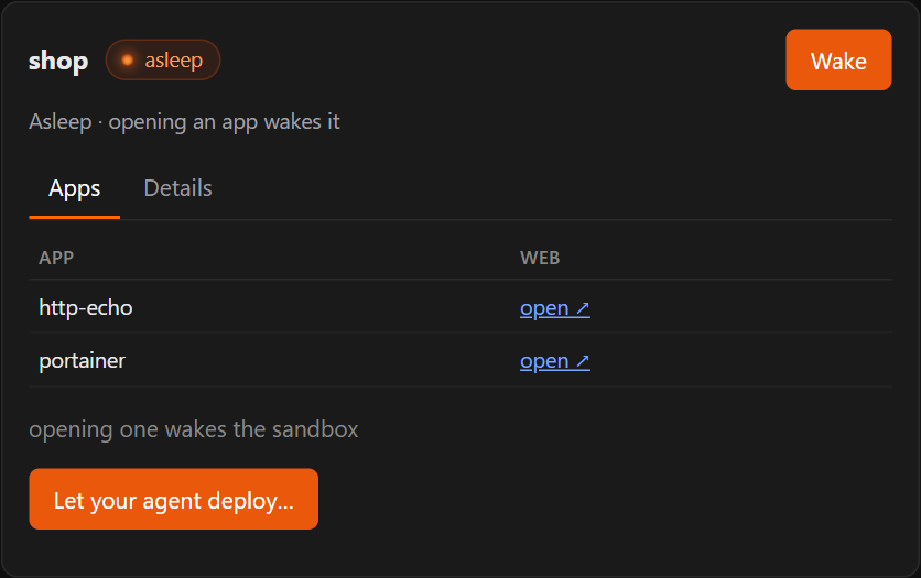 A sandbox's panel in the Simple view: its apps and Let your agent deploy…