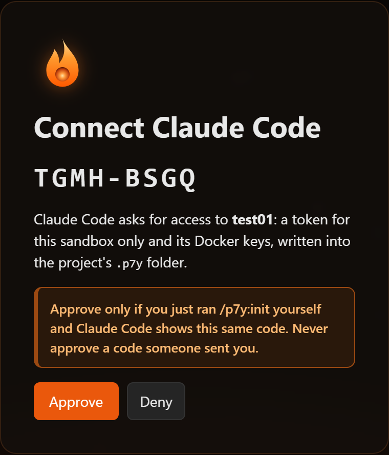 Connect Claude Code: the code, the sandbox, a warning and Approve or Deny
